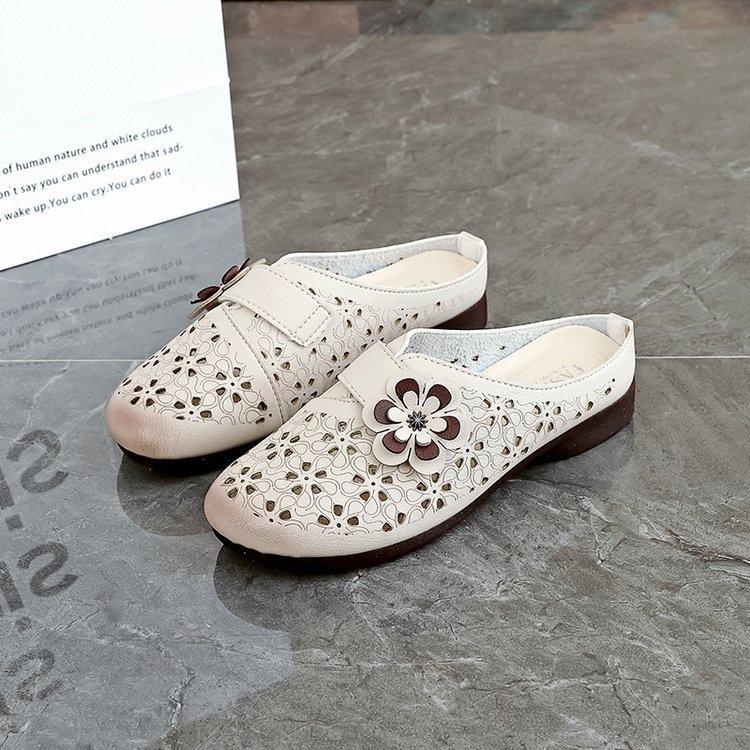 Soft Leather Hollow Breathable Soft Sole Middle-aged and Elderly Baotou Half Slippers Women's Summer Casual Versatile Non-slip Comfortable Mother Sho
