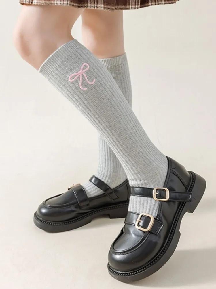 

Children s Over-the-knee Socks Double Needle Embroidery Calf JK Socks Cotton Spring Long Tube XL светло-серый