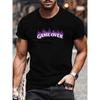 European Sizes Trendy Men'S Street Style Flame Print Short-Sleeved T-Shirt | Unique "GAME OVER" Purple Gradient Pattern, Casual Crew Neck