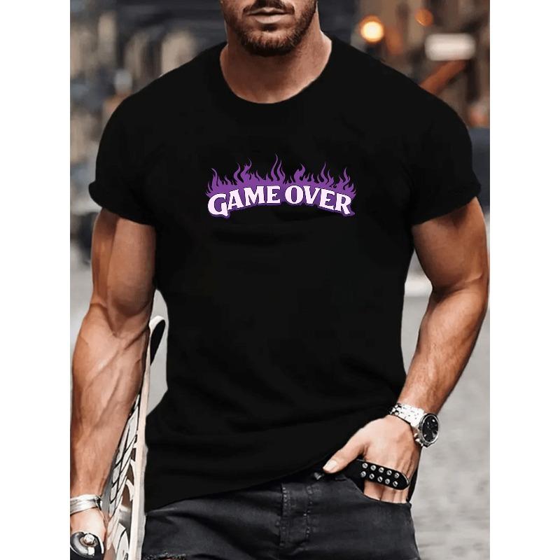 

European sizes Trendy Men S Street Style Flame Print Short-Sleeved T-Shirt | Unique GAME OVER Purple Gradient Pattern, Casual Crew Neck 4XL чорний