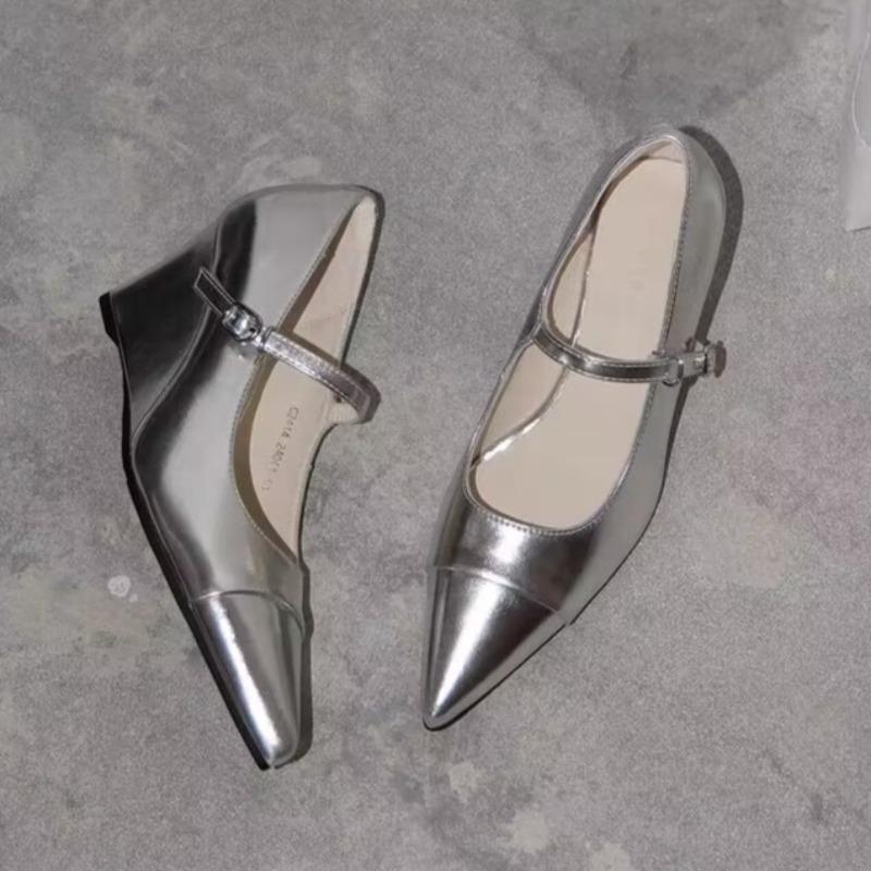 

Wedge One Strap Single Shoes Fashion Pointed Toe Shallow Mouth Soft Sole Non-slip High Heel Low Top Shoes 35 серебряный