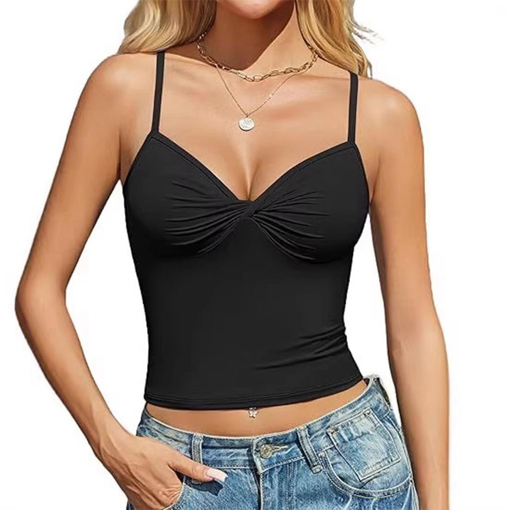 Damski letni top na ramiączkach z przodem w kształcie skrętu, wąski krój, casualowy crop top, bez rękawów, elastyczny, koszulka camisole