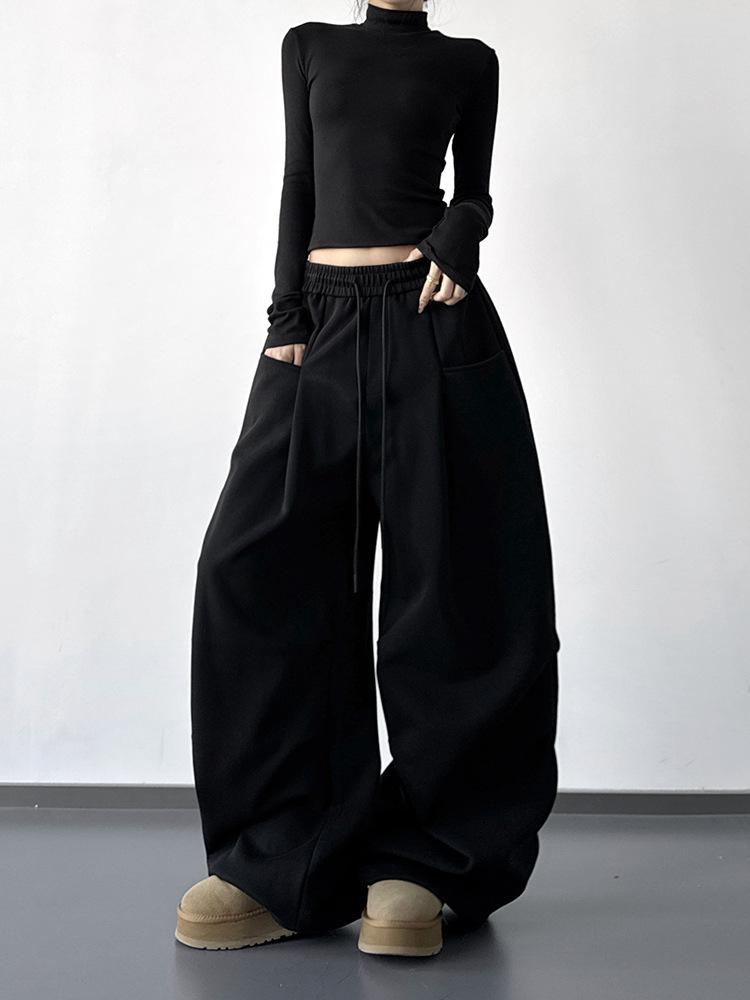 2025 Autumn/Winter Black Drawstring Women's Wide-Leg Drape Pants - Casual Loose Fit Dance Sweatpants