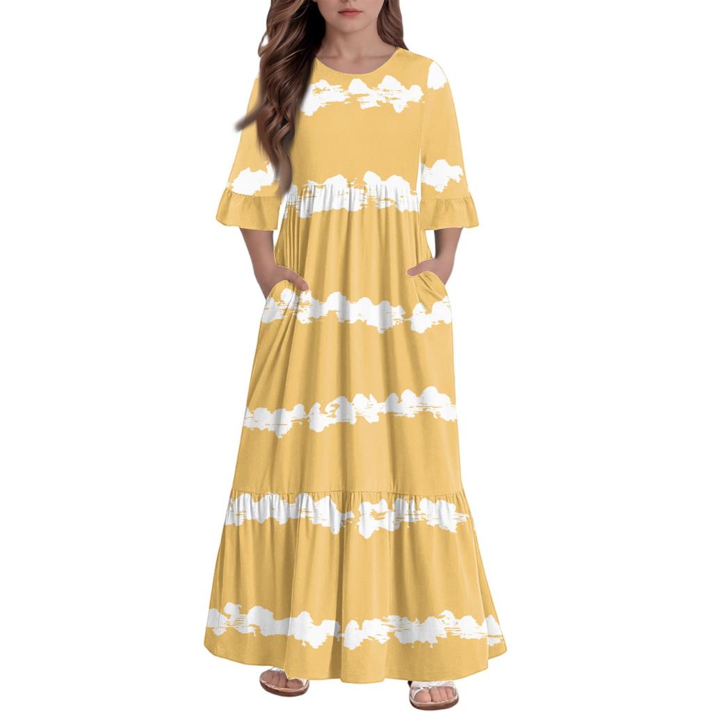 Girls' Tiered Ruffle Dress - 3/4 Sleeve Pocket Maxi With Pockets
