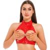 Womens O Ring Halter Crop Top Open Cup Underwire Bra Rivet Detail Wet Look Clubwear