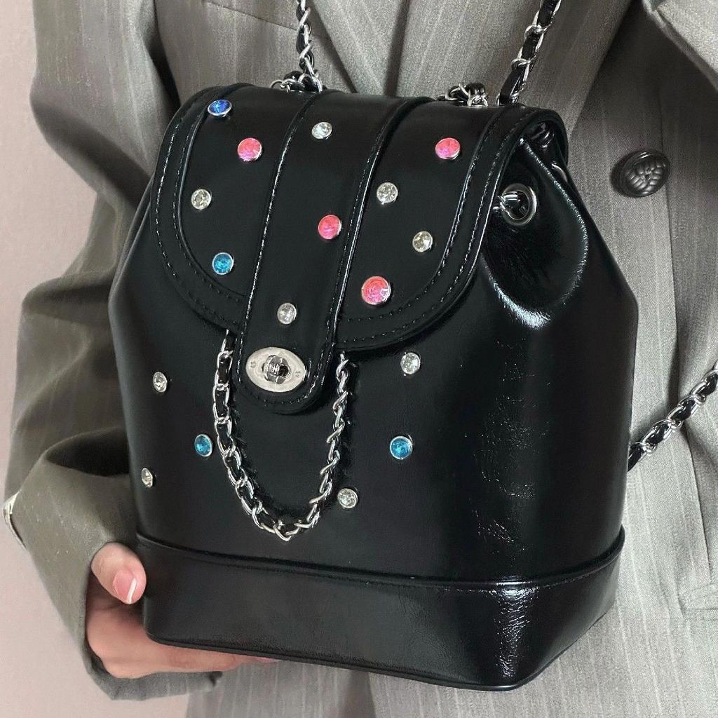 Korean niche design silver chain backpack women's high-end retro portable bucket bag