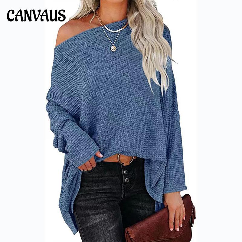 Spring and Autumn Women's T-shirt Casual Off-shoulder Bat Long Sleeve Waffle Knitted Oversized Pullover Sweater Pullover Tops