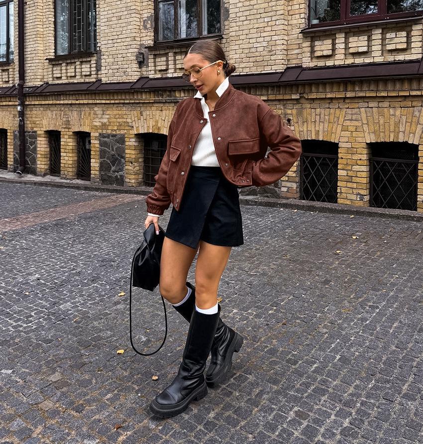 2025 Women's High-End Retro Bomber Jacket - Long Sleeve, Stand-Up Collar, American Street Style, Spring/Autumn Outerwear