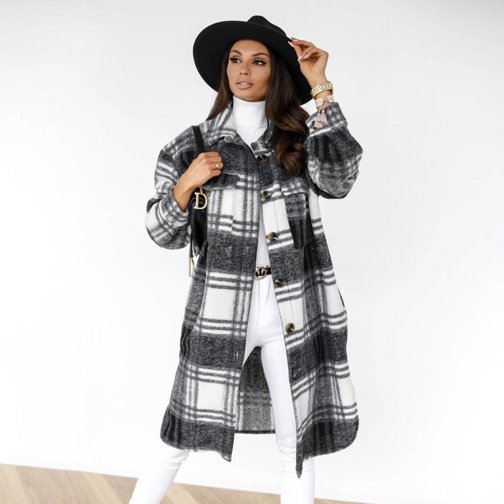 Autumn and Winter Long-sleeved Button-lapel Casual Plaid Long-length Woolen Jacket