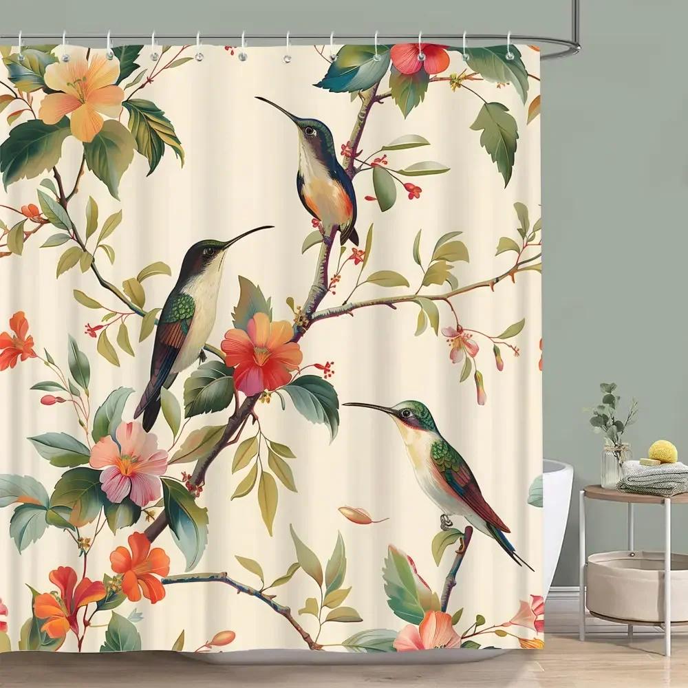 Tenda Doccia Acquerello Fiori E Uccelli 180x200cm, Colibrì E Piante, Con 12 Ganci, Impermeabile Lavabile