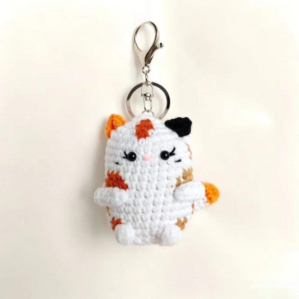 Handmade Hand Cat Keychain Handwoven Yarn Kitty Bag Charm Crochet Kitten Keyring Backpack Decor