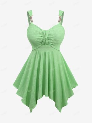 Rosegal Plus Size Glitter Sparkling Butterfly Chain Decor Knotted Bust Pointelle Solid Backless Handkerchief Tank Top