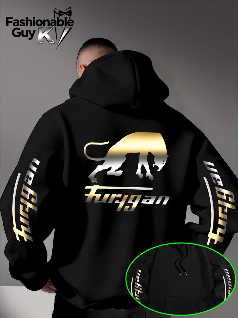 Metallic Gradient Wild Beast Silhouette and Letter Print Back & Sleeves Men Hip Hop Sports Hoodie Street Casual Loose Pullover