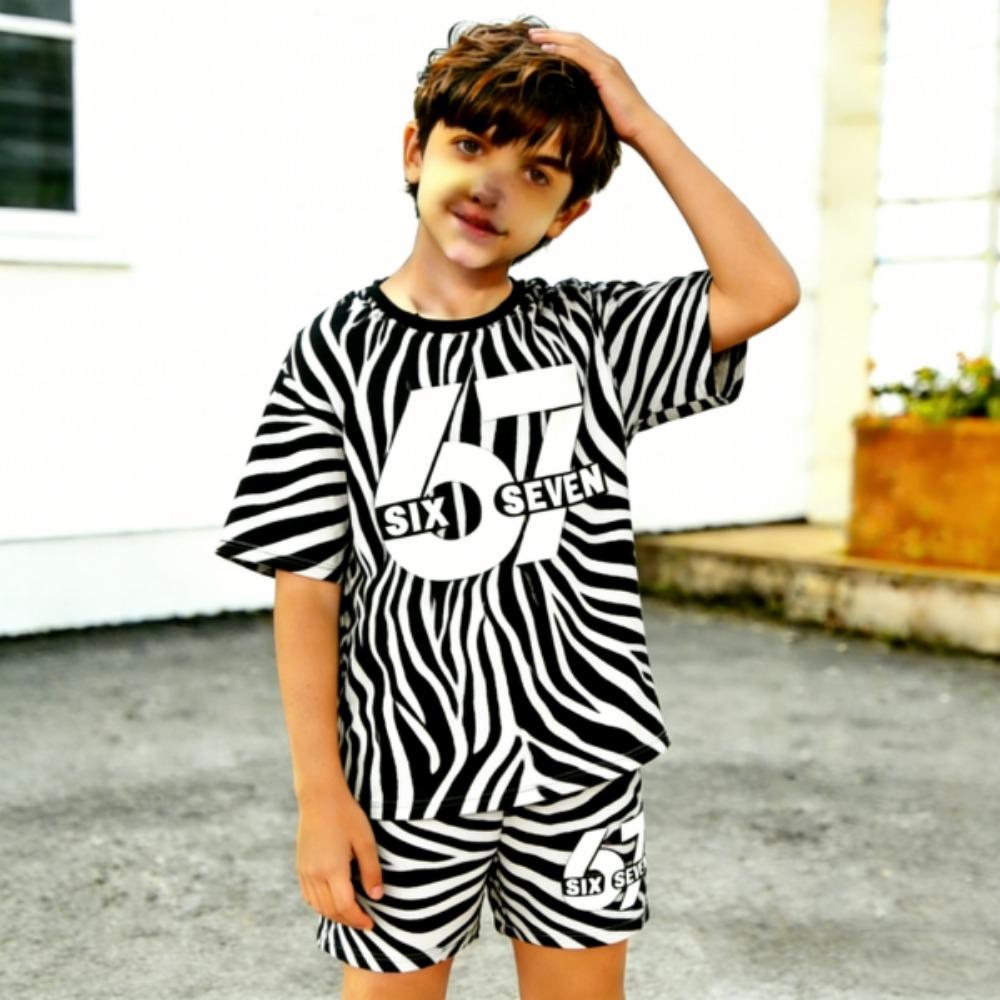 Zebra Stripes Leopard 67 Printed Men's T-shirt and Shorts 2 Piece Set Summer Casual Outfit for Men's and Women's Clothing Top