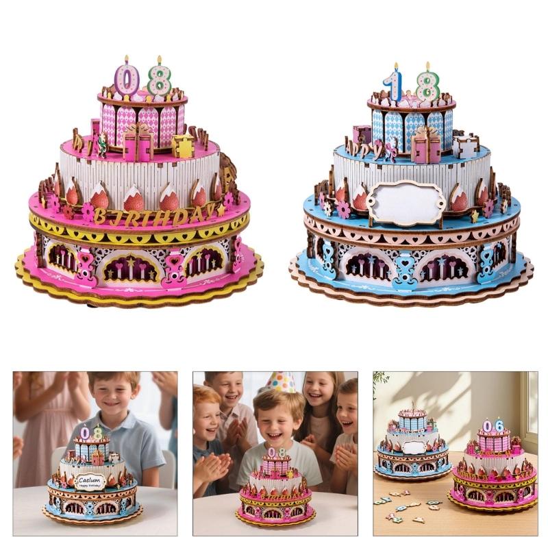 Wooden Mechanical Rotating Birthday Cake Music Box Craft Set Easy Assembly No Tool Required Musical Ornament Gifting