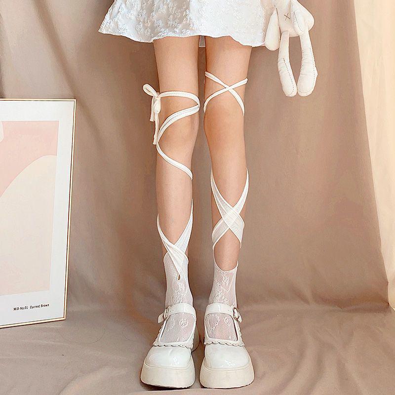 Mu Ruan Japanische Sweet Lolita Schnür-Zehensocken in mittlerer Wadenlänge für Damen