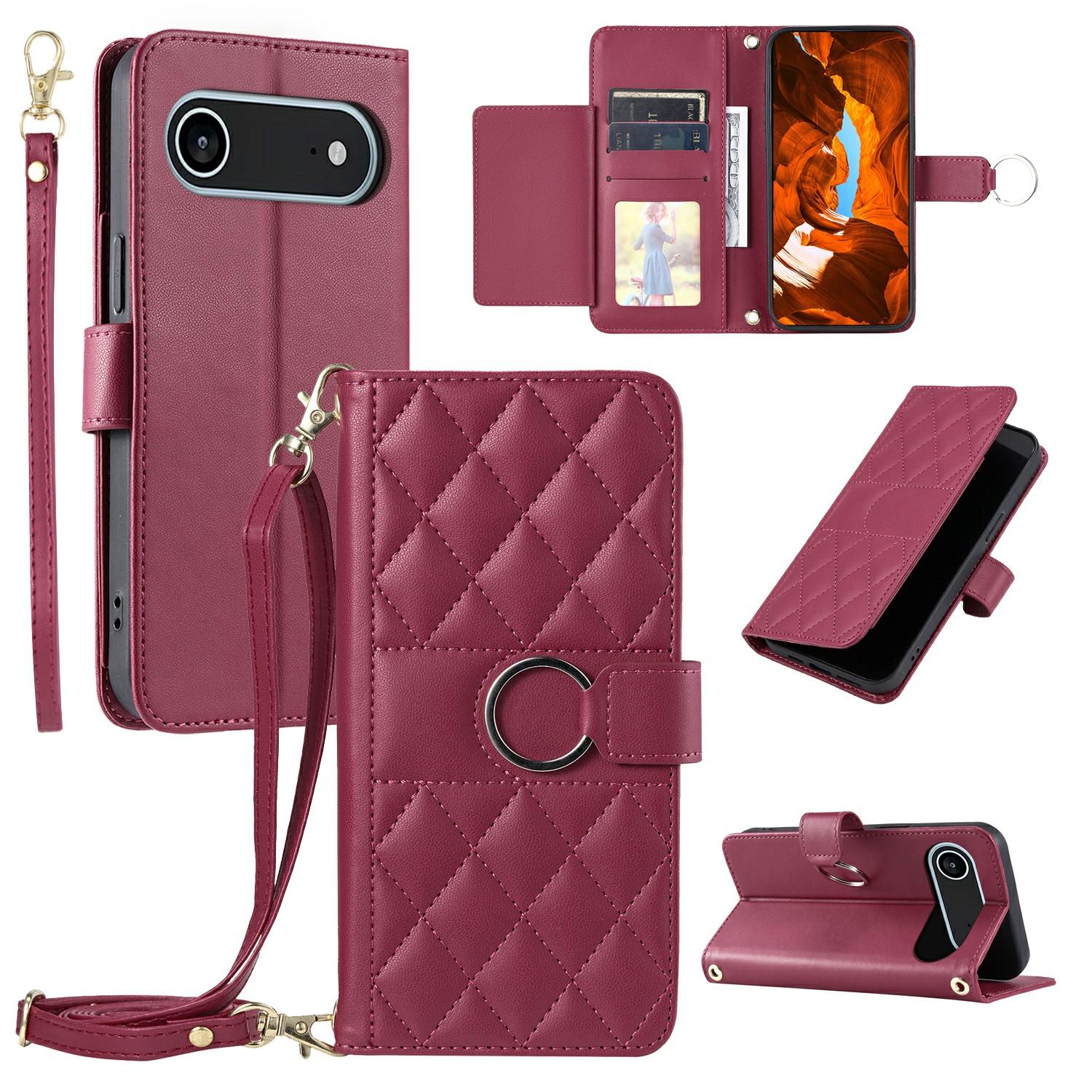 

For iPhone 17 Air Case Ring Buckle Wallet Stand Rhombus Crossbody Leather Mobile Cover Red