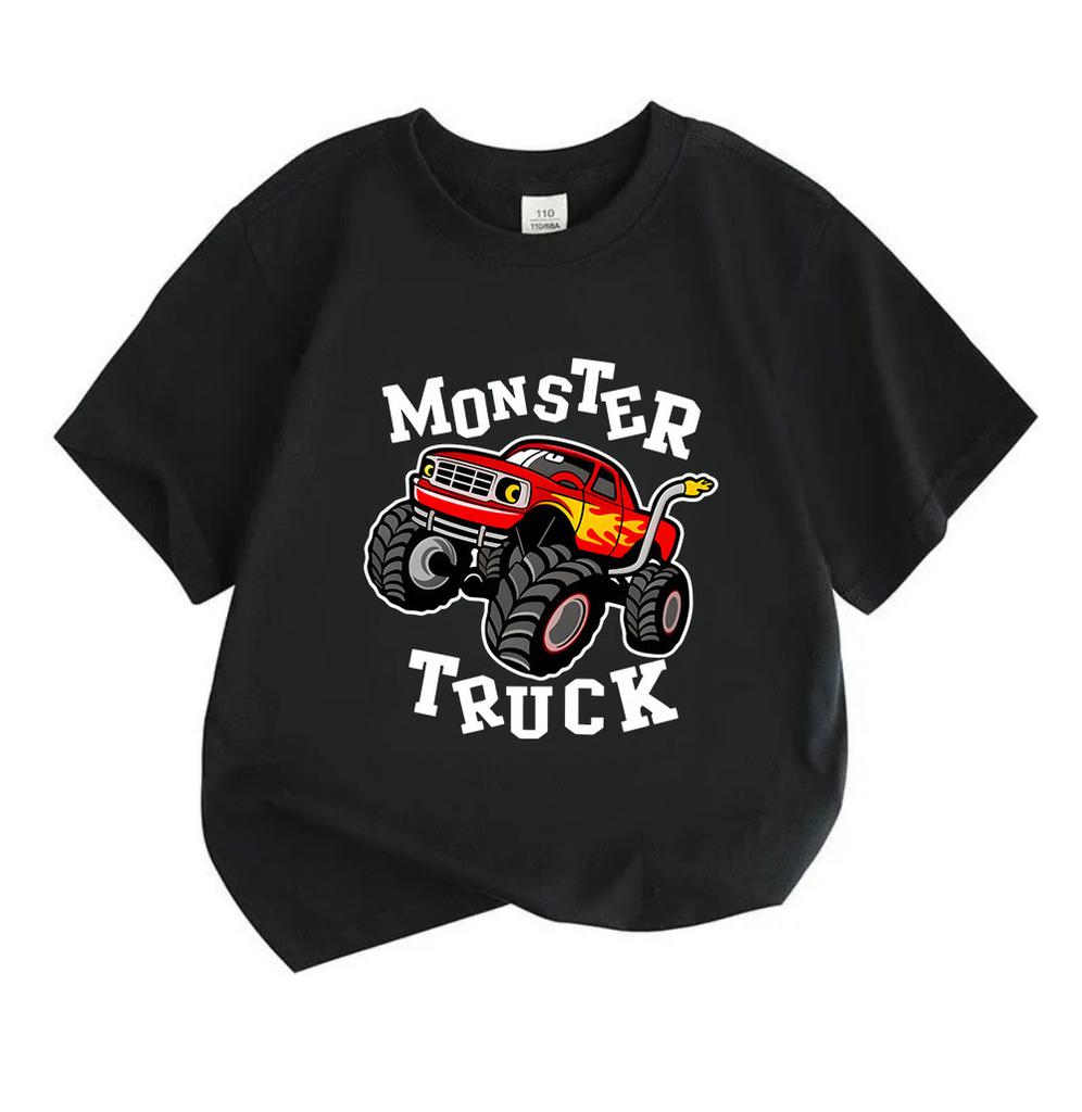 Cartoon Monster Truck Print Kids Boys Girls 100% Cotton O-neck Short Sleeve T-Shirt, Casual Lightweight Tees for Toddlers Children Daily Wear