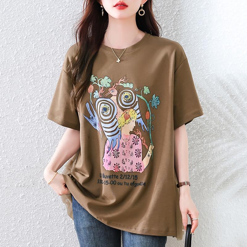 DIMANAF 2025 Summer Plus Size Printing Women T-Shirts Pattern O-Neck Short Sleeve Tops Tees Loose Shirt