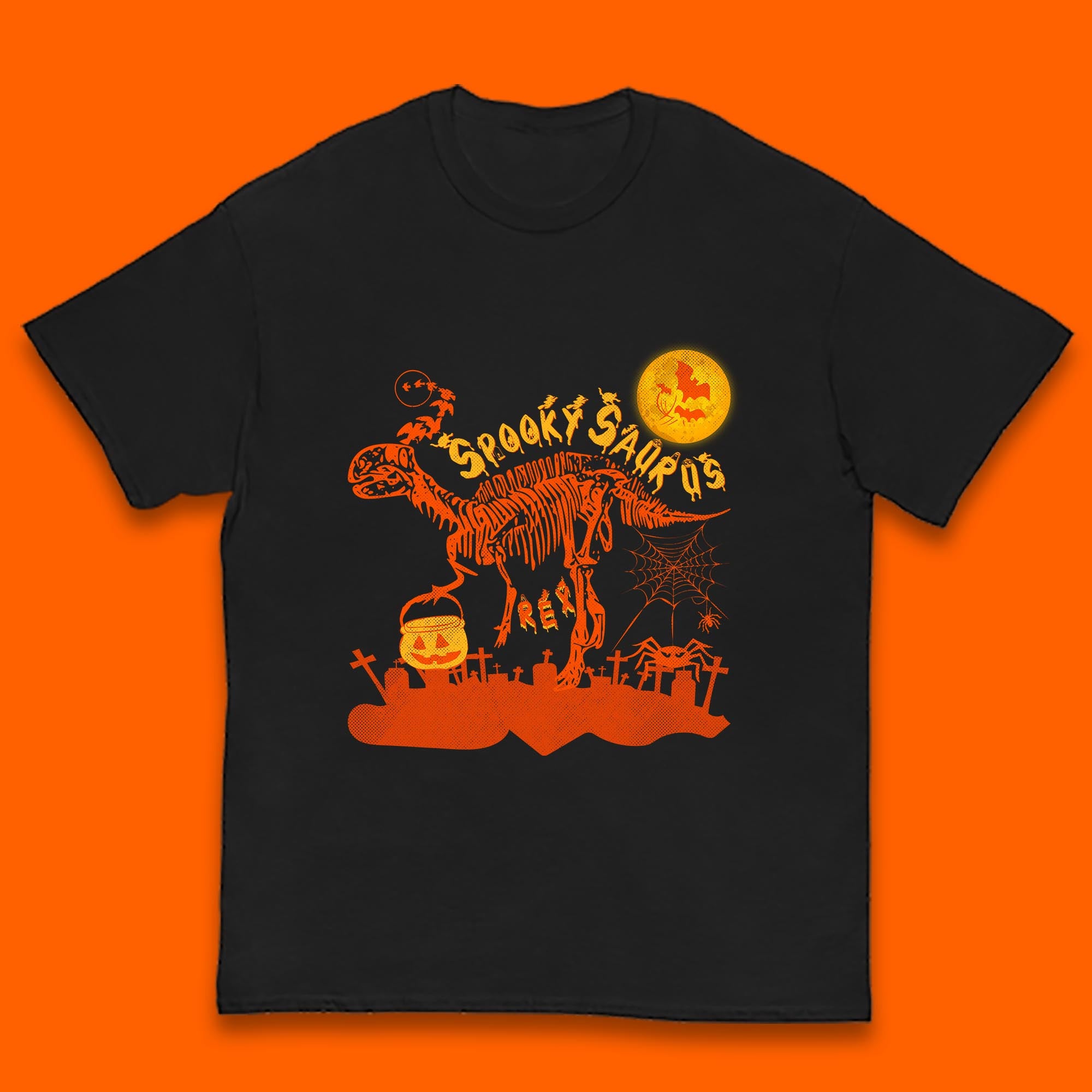Spooky Saurus Rex Halloween Dinosaur Skeleton T-Rex Scary Pumpkin Kids T Shirt 130
