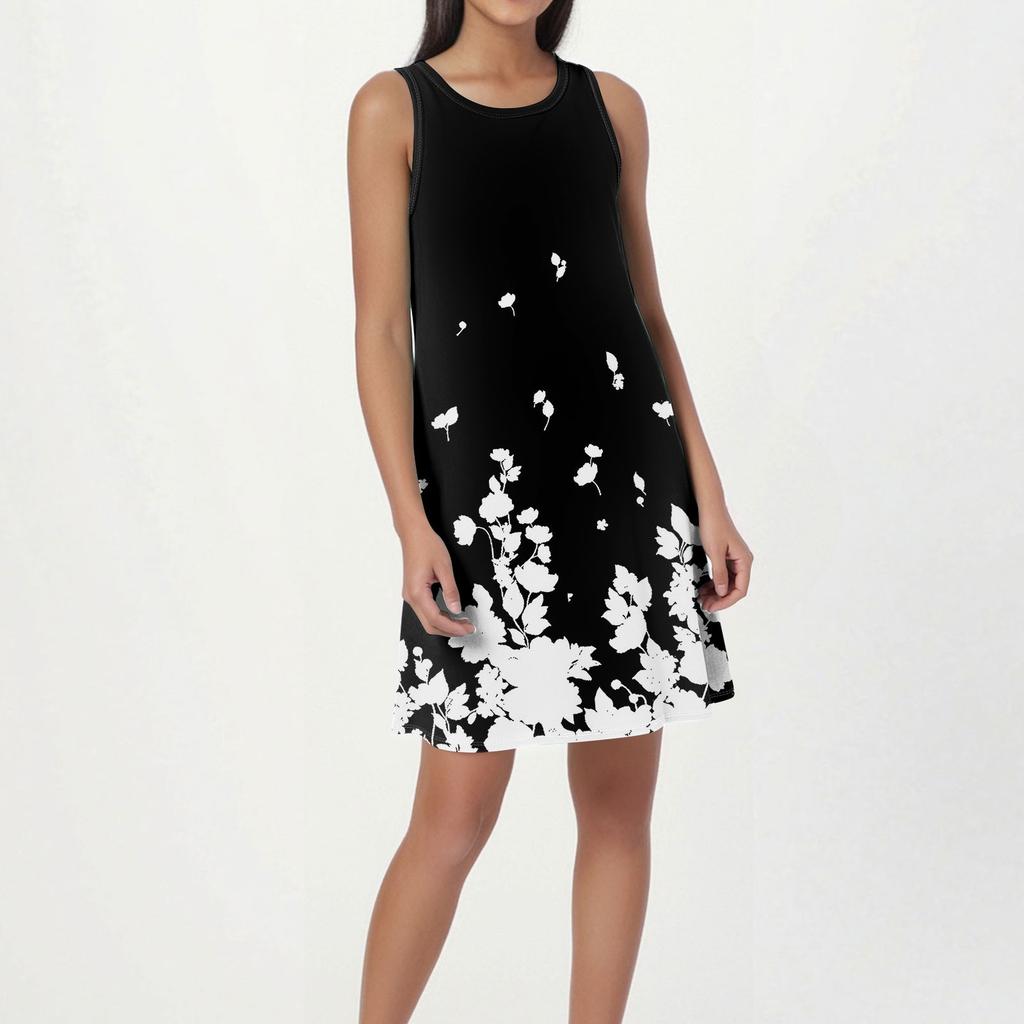 Women's Fashion Beach Dress Sleeveless Round Neck Floral Print Dress
