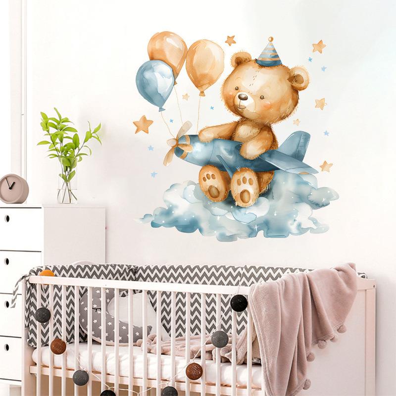 Cartoon Bear Cloud Stars Balloons Wall Stickers for Kids Room Nursery Home Decor Peel and Stick Removable Wall Art Cartoon Wall Decals