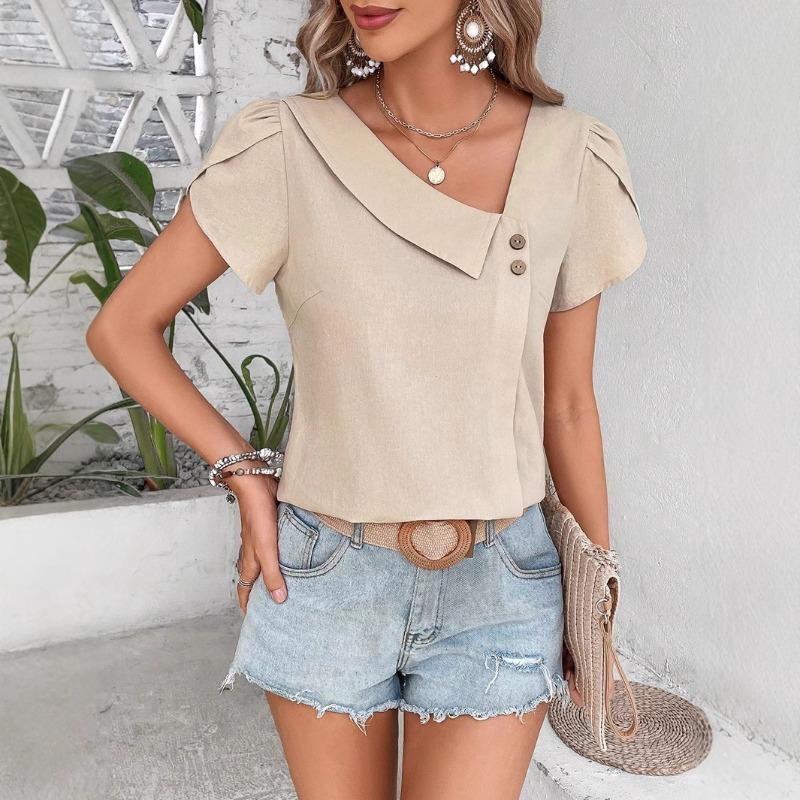 New Chic Womens Asymmetrical Neck Puff Sleeve Blouse Casual Button Detail Short Sleeve Top Elegant Loose Fit Summer Shirt for Work  Everyday Wear S