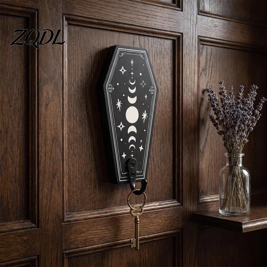 Entrance Hall Storage Halloween Gothic Wooden Wall Hook with Moon Star Skeleton Patterns, Decorative Retro Key Hanger for Bedroom Accessory