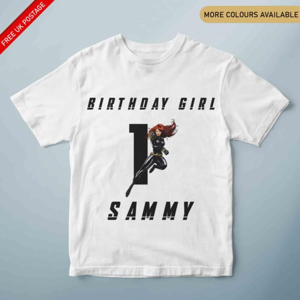 Personalised Black Wid0w Birthday Kids TShirt Any Name Any Number Birthday Girl S