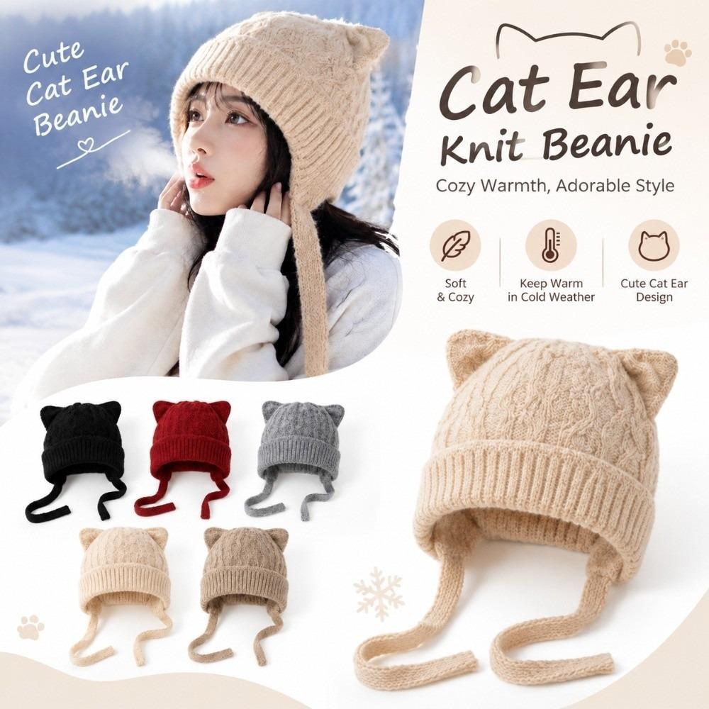 Warm Knitted Cat Ear Knit Hat Windproof Head Cover Korean Style Soft Beanie Winter Commuting