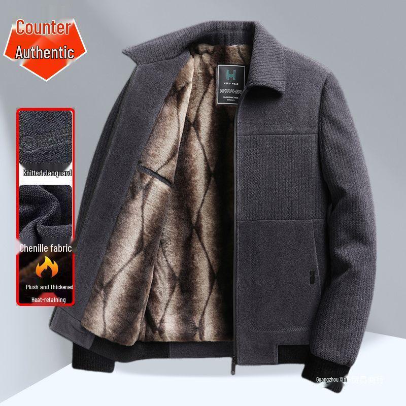 Dad's Velvet Thickened Winter Jacket for Middle-Aged & Elderly Men - Chenille Lapel Woolen Coat