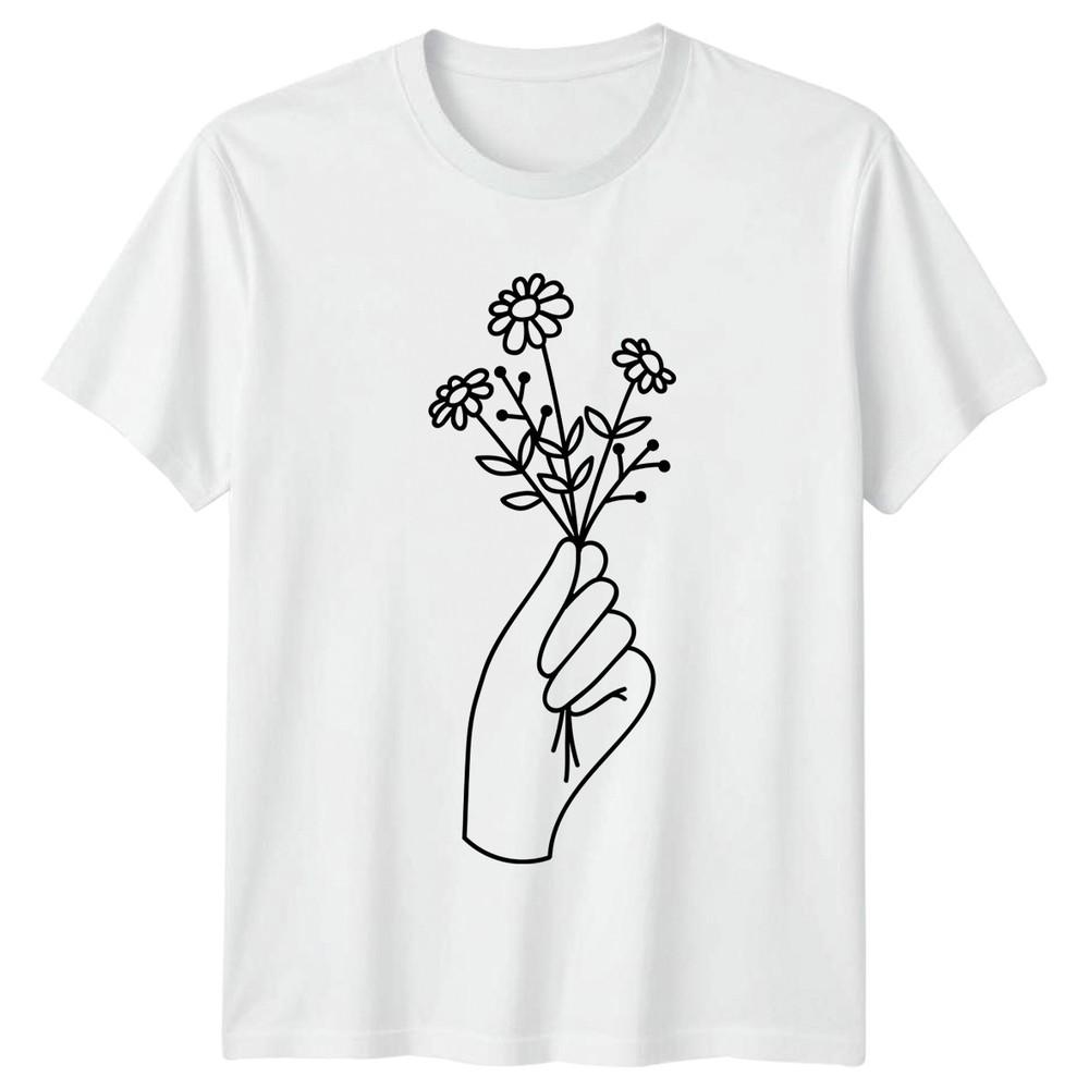 Hand Holding Flower Bouquet TShirt Botanical Line Art Floral Nature S