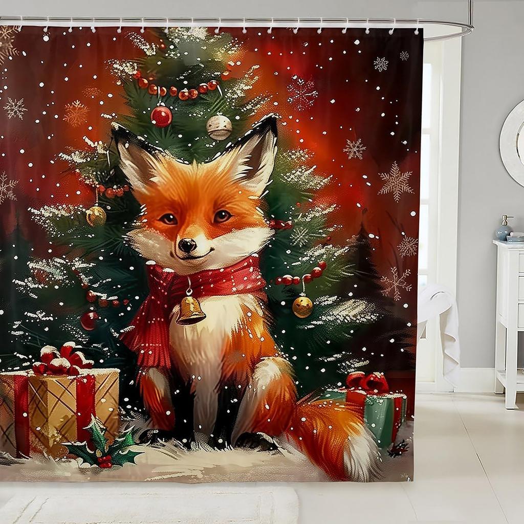 3DCute Cat Shower Curtain Christmas New Year Theme Bathroom Curtains for Kids Boys Girls Teens Lovely Kitty Decor Winter Holid