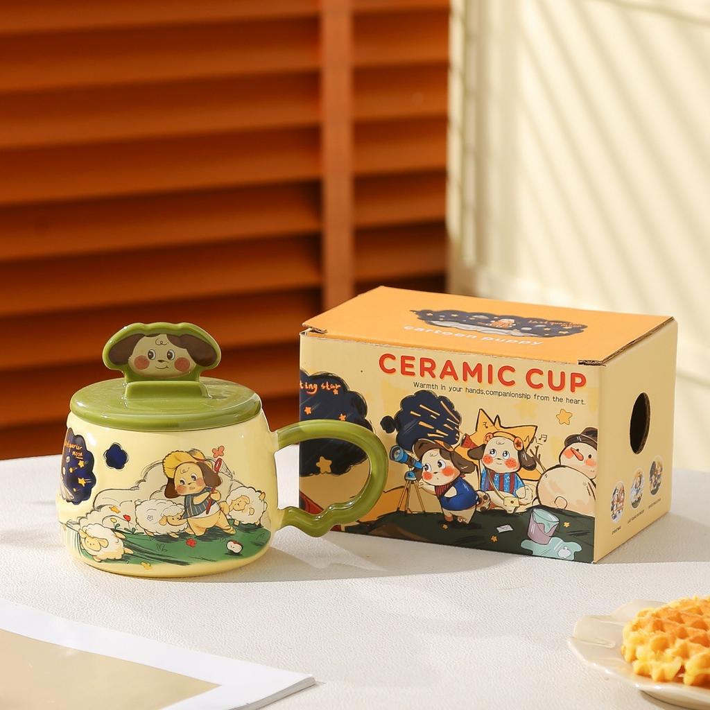 Cartoon cute dog mug with lid gift box set mug household water cup high value large capacity ceramic