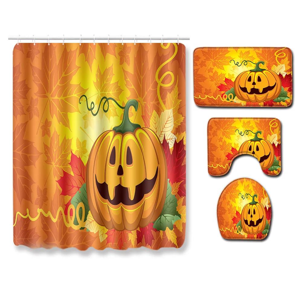 4-piece Set of Halloween Pumpkin Ghost Printed Waterproof Shower Curtain with Hooks, Bathroom Floor Mat, U-shaped Mat
