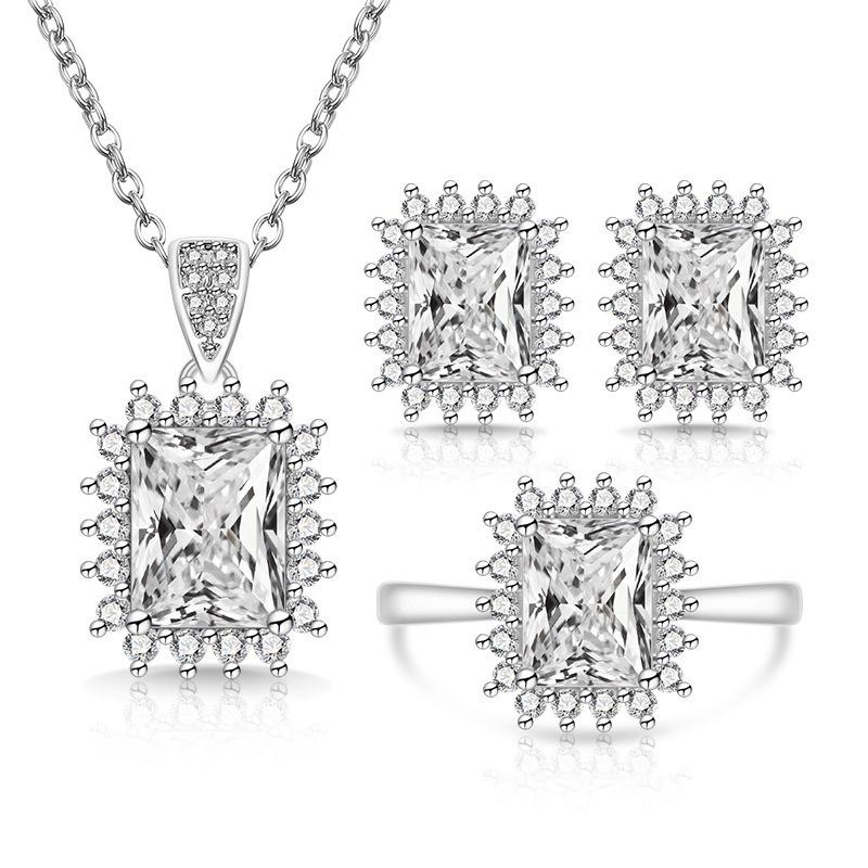 New Colored Gemstones Three-piece Cross-border E-commerce Ring Necklace Stud Earrings Ring Size:Adjustable