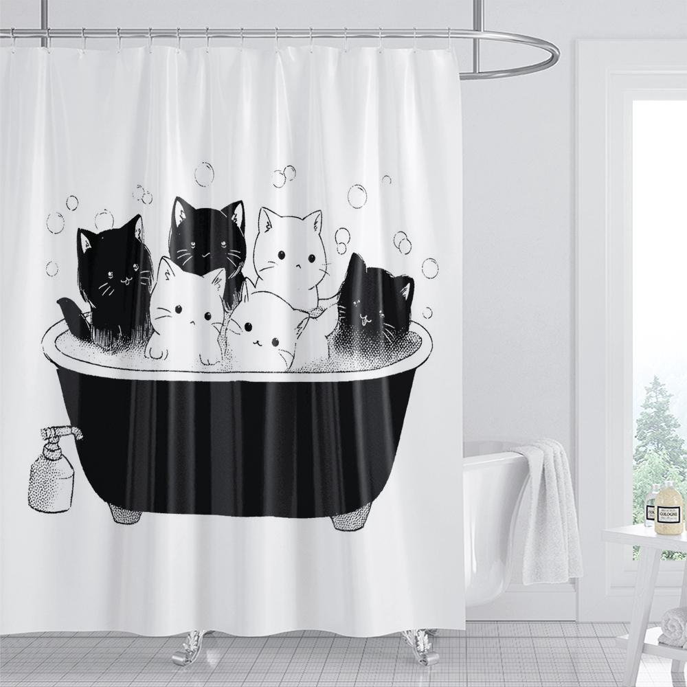 

Black White Modern cute cartoon cats Shower Curtain, Bathroom Decorative Shower Curtain, Home printed Shower Curtain with Hooks 90x180cm-35x70in