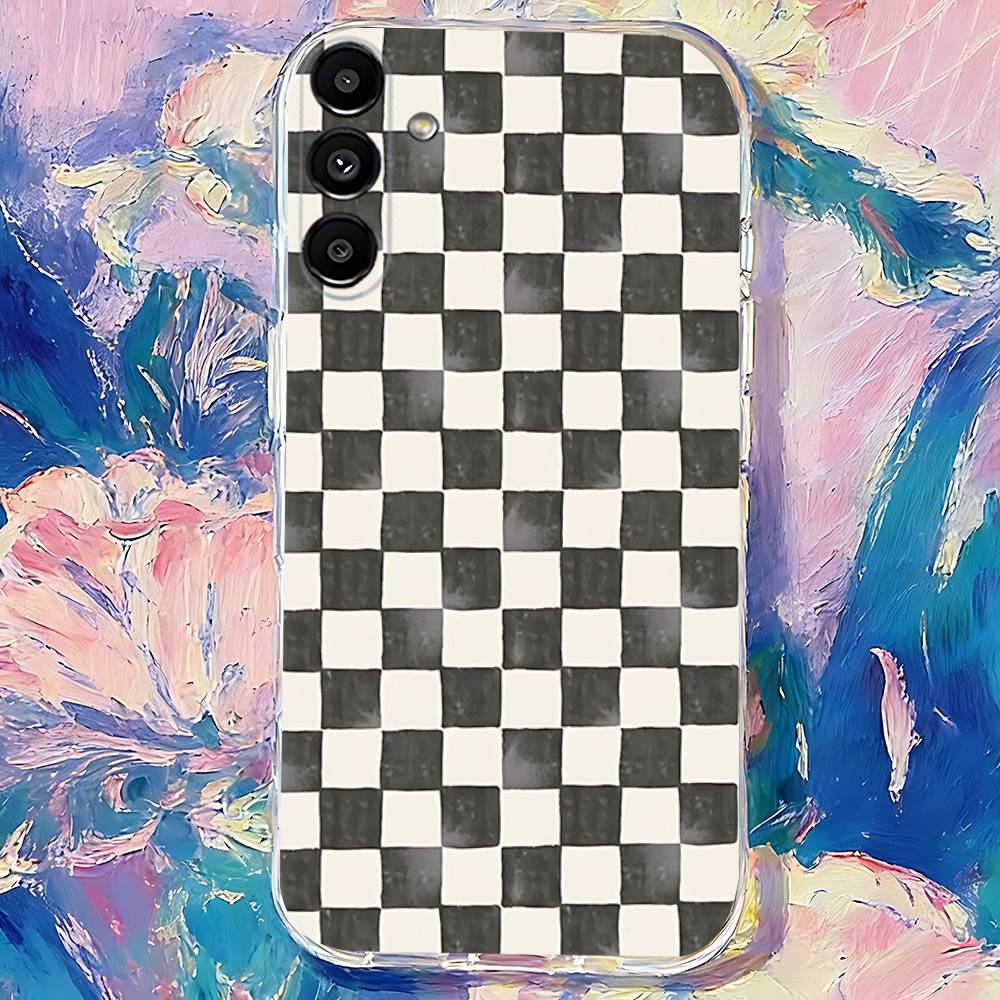 Black white Checkered Phone Case For Samsung S30,S25,S24,S23,S21,S22,S20,S10,5G,FE,lite,PIus,Ultra Transparent Cover