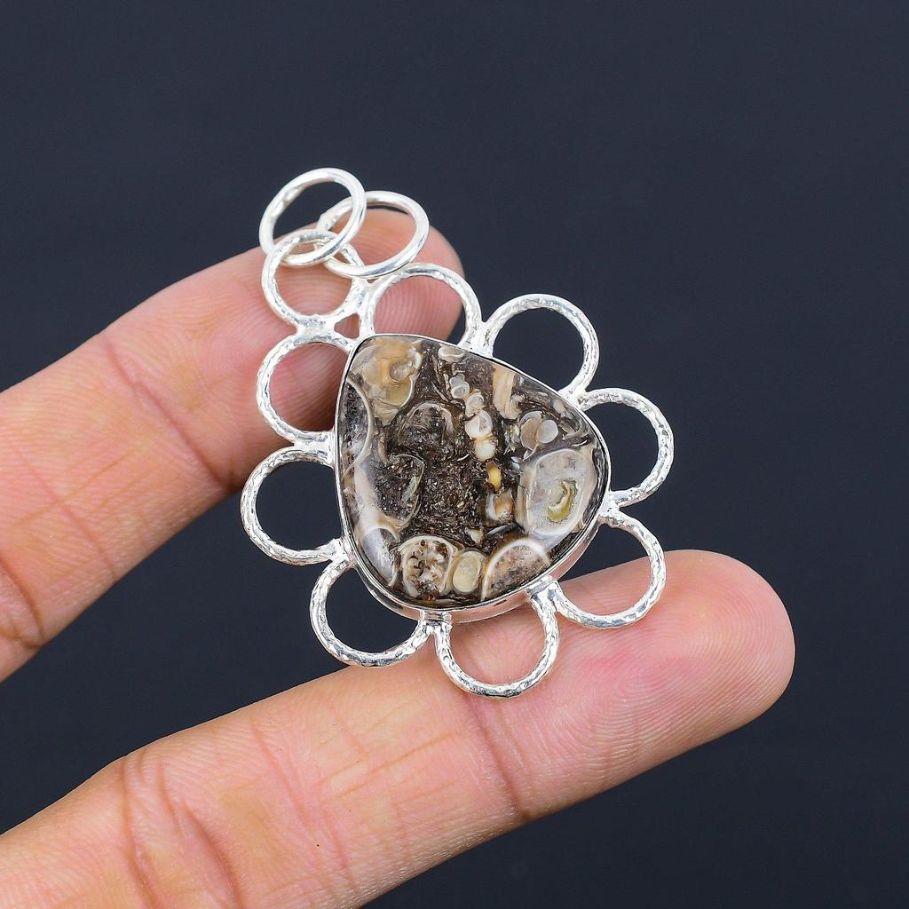 Pear Turritella Agate Gemstone 925 Sterling Silver Bezel Anniversary New Pendant