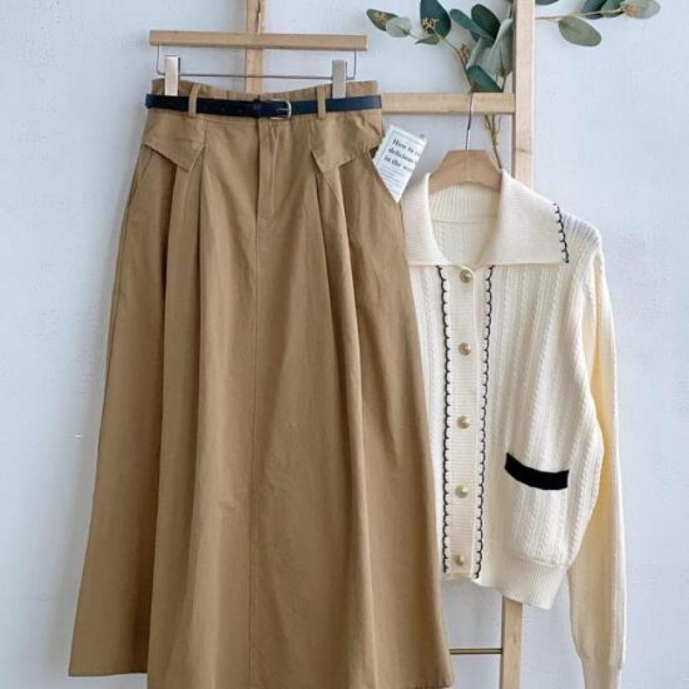 New Arrivals Open Run Women Spring Trench Banding Pleats Beige Cotton Skirt Long
