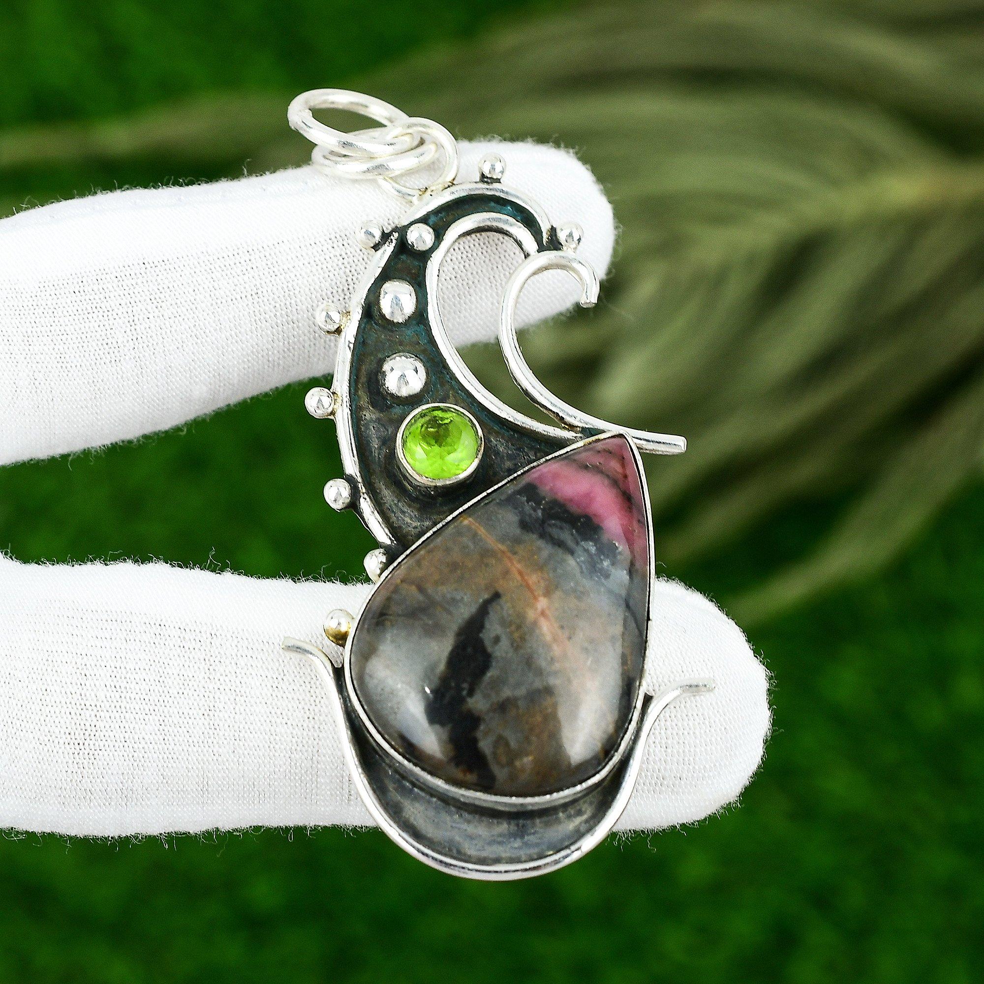 925 Silver Pear Natural Rhodonite Peridot Bezel Heart Chakra New Pendant Jewelry