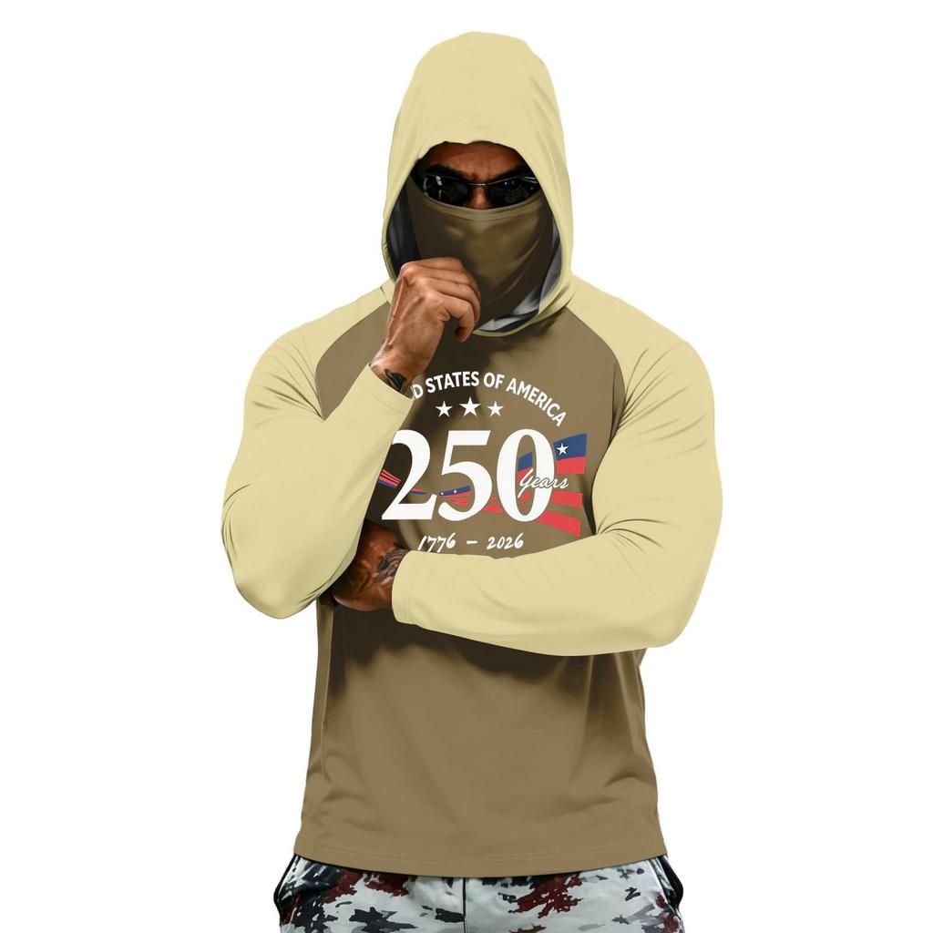 Men Long Sleeve Hooded Sun Protection Shirt with National Flag Graphic Quick Dry Lightweight Athletic Top for Outdoor Activities