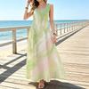 Fresh Green Pink Ink Wash Gradient Sleeveless Maxi Dress, Summer Beach Casual Long Dress
