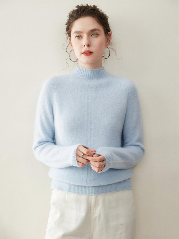 Women's Seven-Gauge Cashmere Sweater - Thick, Long-Sleeve, Solid Color, Half-High Neck Pullover for Autumn and Winter Warmth.