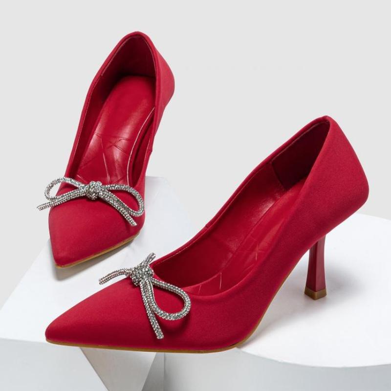 Fashion Luxury Rhinestone Bow Decorative High Heels Women Fashion Pointed Toe Shallow Thin Heel Designer Shoes Elegant Party Dress Shoes