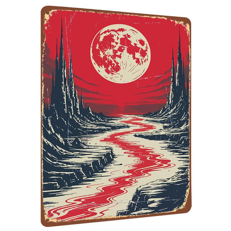 Blood Moon Mountain River Illustration Metal Tin Sign Home Decor Living Room Wall Art Hanging Ornament 20X30CM