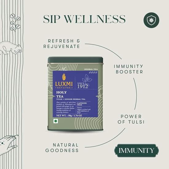 LUXMI Estates Holy Tea Powder 50Gm Tin |Usda Certified Organic Tulsi Tea|Tulsi + Ginger Herbal Tea