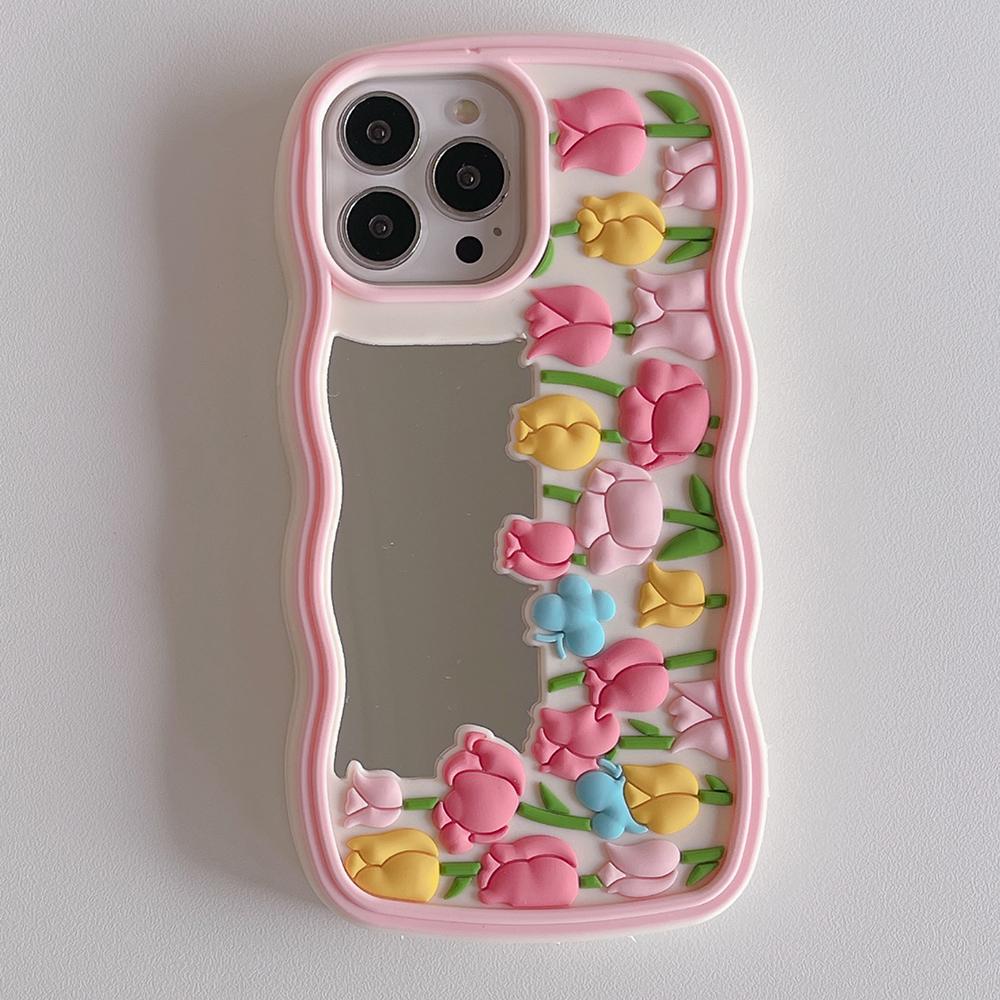 Cartoon Wave Edge Tulip Mirror Phone Case Compatible for iPhone 14 13 12 Pro Max 11 7 8 Plus X XS XR X Max Stereoscopic Silicone Protective Cover