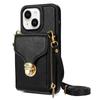For iPhone 15 Card Slot Phone Case PU Leather Coated TPU Zipper Pocket Kickstand Cover with Shoulder Strap