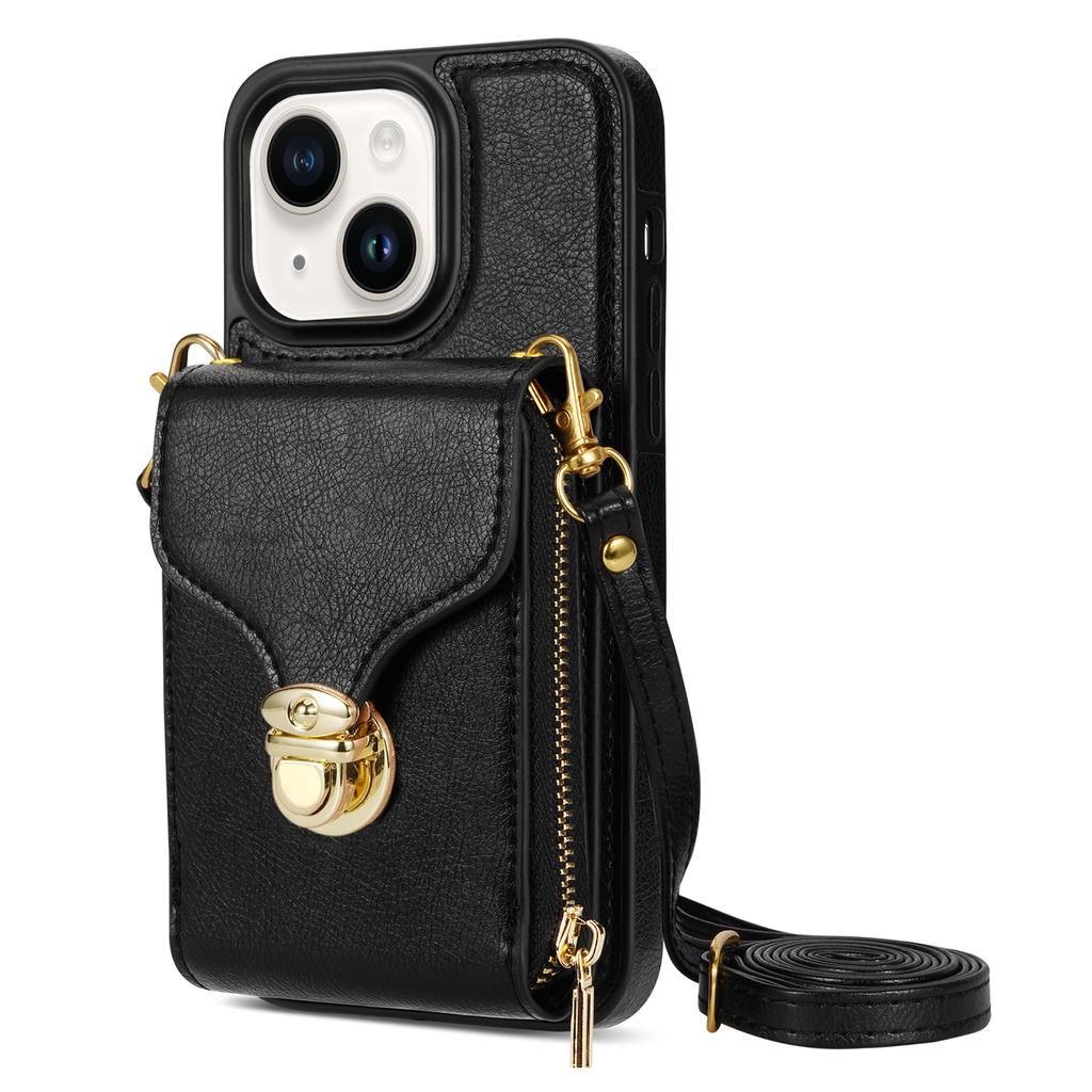 For iPhone 15 Card Slot Phone Case PU Leather Coated TPU Zipper Pocket Kickstand Cover with Shoulder Strap